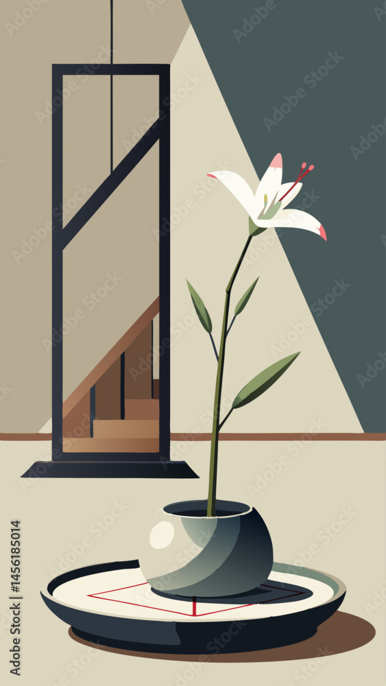 A white flower is in a green pot on a table. The flower is surrounded by a triangle and a bowl. Concept of calm and serenity, as the white flower is the focal point and the green pot A white flower is in a green pot on a table. The flower is surrounded by a triangle and a bowl. Concept of calm and serenity, as the white flower is the focal point and the green pot