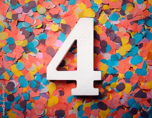 Number 4 with confetti. Photo for fourth birthday or anniversary party