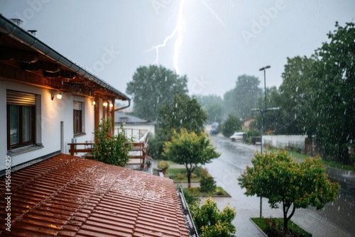 Intense rainstorm with lightning striking near residential area in late afternoon