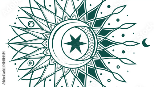 Intricate Crescent Moon and Star Mandala Design, Mystical Islamic Symbol with Ornamental Rays, Spiritual Crescent and Star Art Illustration