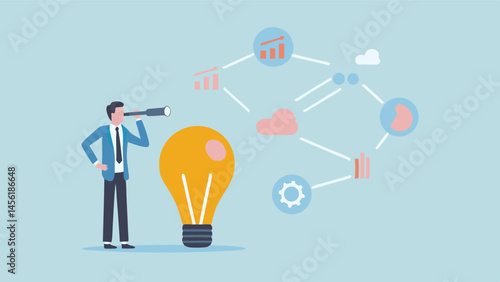 Businessman using telescope to spot future opportunities innovative ideas and strategic growth