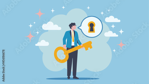 Businessman holding a giant key unlocking success opportunities future Light blue background simple