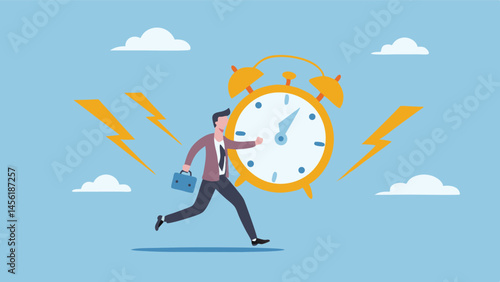 Businessman racing against giant alarm clock urgent deadline time pressure stressful workday flat