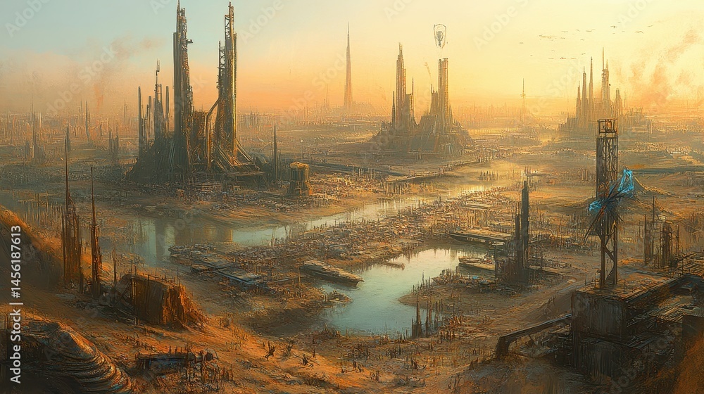 Obraz premium Dystopian future cityscape painting with soaring towers in an ochre color palette offering a sense of decaying futuristic dreams