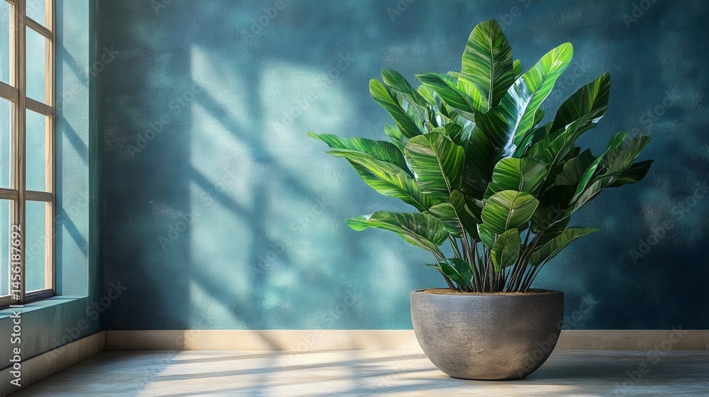 Fototapeta premium Vibrant green houseplant thriving indoors, illuminated by sunlight through a window in a stylish room.