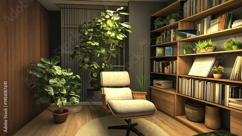 Cozy home office with plants and bookshelves