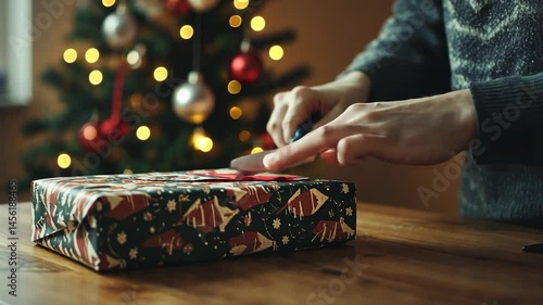Hands cutting Christmas gift wrap