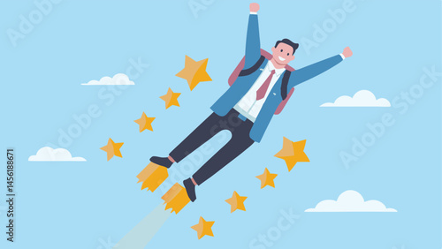 Businessman Soaring High on Success Star Powered Flight Joyful Achievement Blue Sky Background