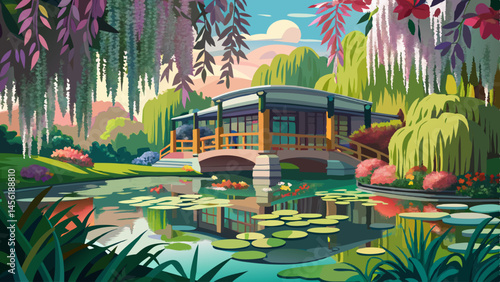 A bridge spans a body of water, with a house on the other side. The scene is peaceful and serene, with a lush green forest in the background