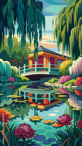 A bridge spans a body of water, with a house on the other side. The scene is peaceful and serene, with a lush green forest in the background