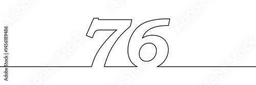 A single line drawing of a seventy six symbol. One line icon. Continuous line seventy sixth number icon. Simple black outline of the number 76. Vector illustration