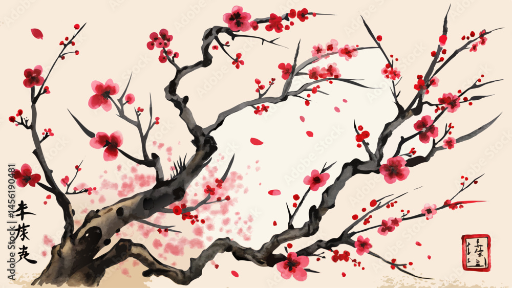 A tree with red blossoms is painted in a style that is reminiscent of Japanese art. The tree is depicted as having a strong, sturdy trunk and branches that are full of blossoms