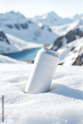 white aluminum soda can in a snowy mountain landscape with sharp, snow-covered peaks under a clear blue sky.