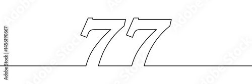 A single line drawing of a seventy seven symbol. One line icon. Continuous line seventy seventh number icon. Simple black outline of the number 77. Vector illustration