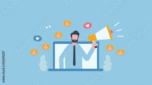 Online Marketing Man Announces Deals on Laptop Reaching Customers Boosting Sales with a Megaphone