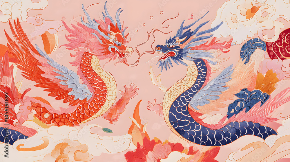 Obraz premium dragon, china, animal, ancient, vector, culture, decoration, illustration, symbol, art, asia, statue, thailand, tattoo, sculpture, design, year, fantasy, east, gold, reptile, oriental, mythology, temp