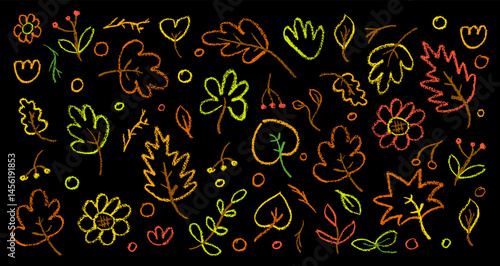 Colorful crayon autumn vector set with leaves, forest berry and raindrops on black blackboard perfect for children, kindergarten crafts, back to school seasonal designs and educational materials.