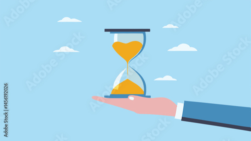 Hand holding hourglass time management concept pastel blue sky simple design flat style