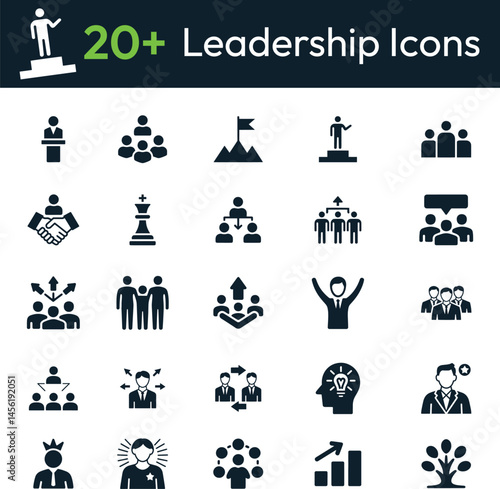 Leadership and Business Management Icons – Monochrome Vector Symbols for Corporate Strategy and Career Growth