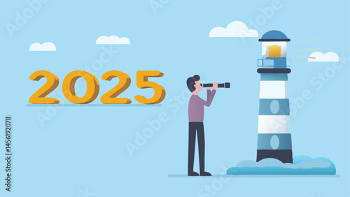 Vision 2025 Man with telescope anticipates future guided by lighthouse a hopeful new year s outlook