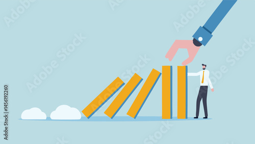 Giant hand triggers domino effect businessman tries to stop falling blocks minimalist flat design