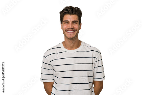 Young handsome caucasian man isolated on white background happy, smiling and cheerful.
