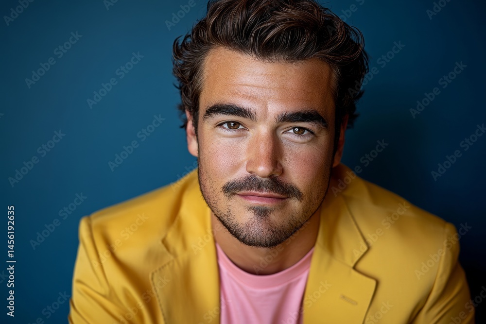Fototapeta premium In this studio portrait, a young man models a vibrant yellow blazer and a pink t-shirt, posed against a saturated blue background, highlighting contemporary fashion's penchant for playful, graphic