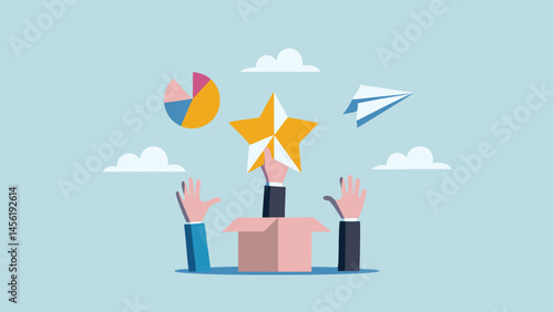 Reaching for success Teamwork achieves goals grabbing star pie chart paper plane light blue