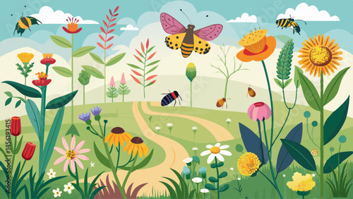 A beautiful, vibrant field filled with a diverse array of flowers and insects. The scene is set against a backdrop of a clear blue sky, with fluffy white clouds scattered throughout