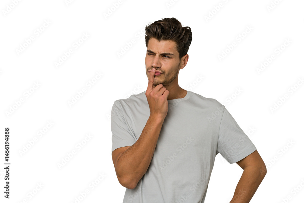 Fototapeta premium Young handsome caucasian man isolated on white background keeping a secret or asking for silence.