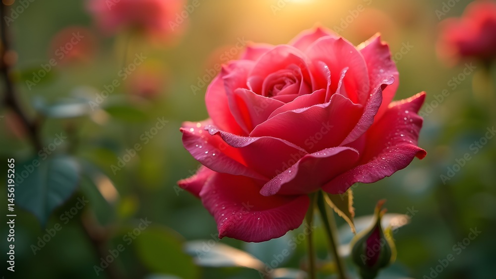 Vibrant red rose in garden with dew drops on petals, illuminated by golden light, captured in soft focus Vibrant red rose in garden with dew drops on petals, illuminated by golden light, captured in soft focus