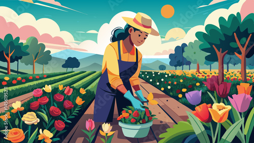 A woman is tending to a garden with a basket of flowers. She is wearing a straw hat and a blue apron. The garden is full of colorful flowers, including daisies and roses. The scene is peaceful