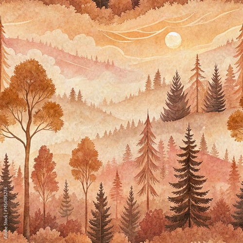 Watercolor Desert Sunset Seamless Pattern, Terracotta, Sage, and Golden Dunes, Abstract Boho Landscape with Cactus Silhouettes and Warm Earthy Tones