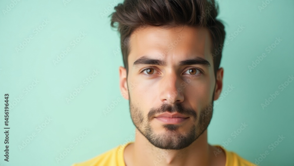 Obraz premium Thcv. Young man with beard and short hair confident portrait light blu