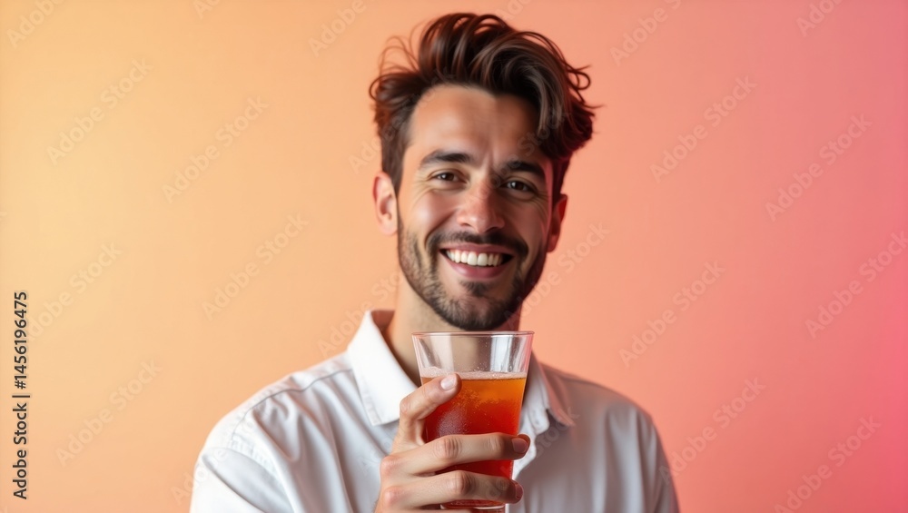 THC Beverage. Smiling man with beard holding glass of juice against or THC Beverage. Smiling man with beard holding glass of juice against or