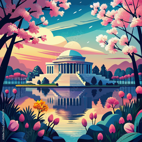 A painting of the Washington Monument with cherry blossoms in the background. The painting is very colorful and has a very peaceful and serene mood