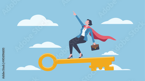 Superwoman Soaring on Golden Key to Success Blue Sky Cloudscape