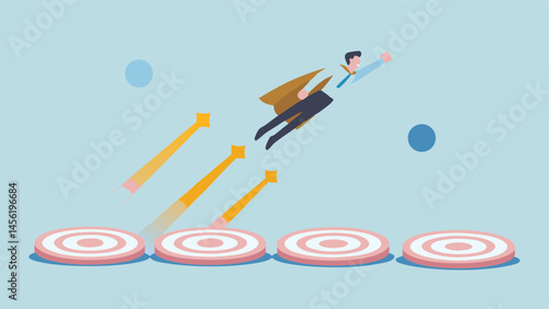 Businessman Soaring Past Targets Achieving Success Minimalist Flat Design Blue Background