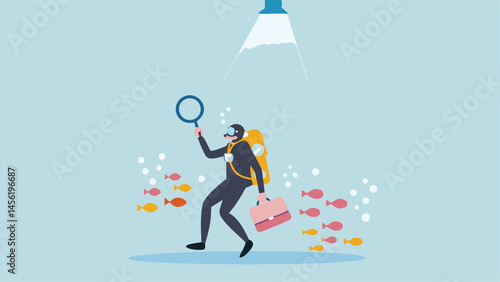 Diver Searches for Hidden Opportunities Exploring Deep Business Insights Minimalist Illustration