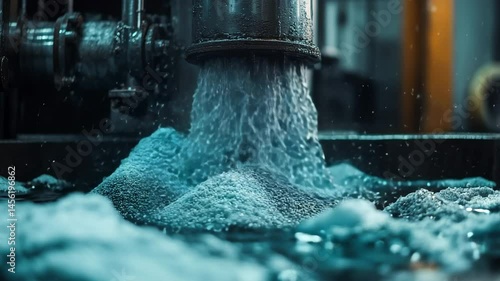 Close-up of slurry discharge from a hydrometallurgical reactor during lithium battery recycling. The vivid teal solution and fine metal particles represent active dissolution of LFP black mass