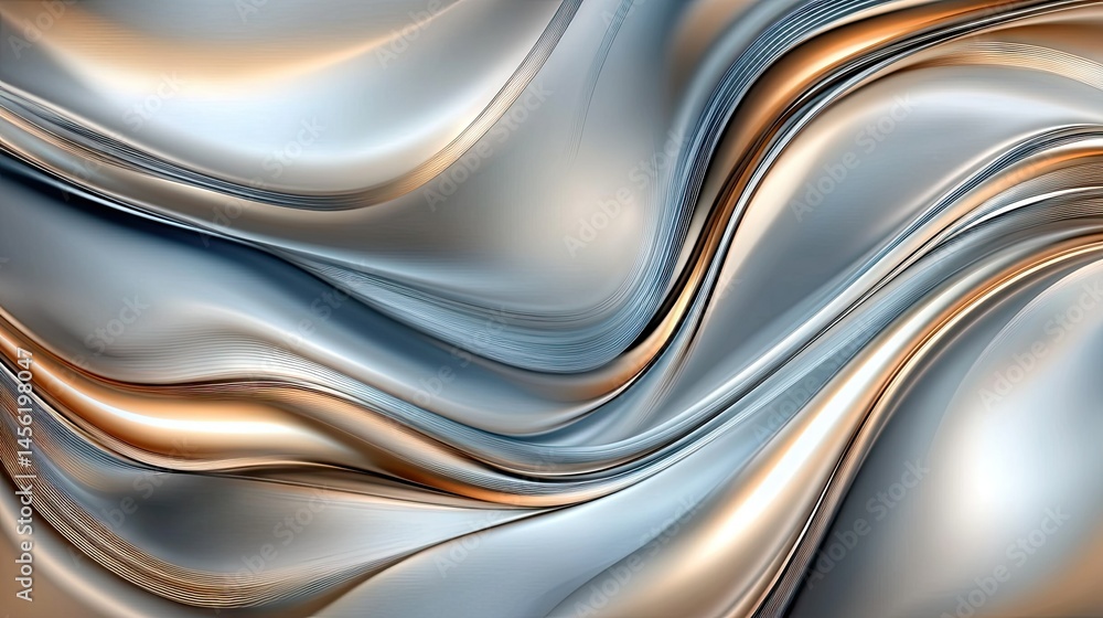 Obraz premium Fluid patterns of metallic waves create an elegant and modern texture resembling flowing silk in shades of silver and gold