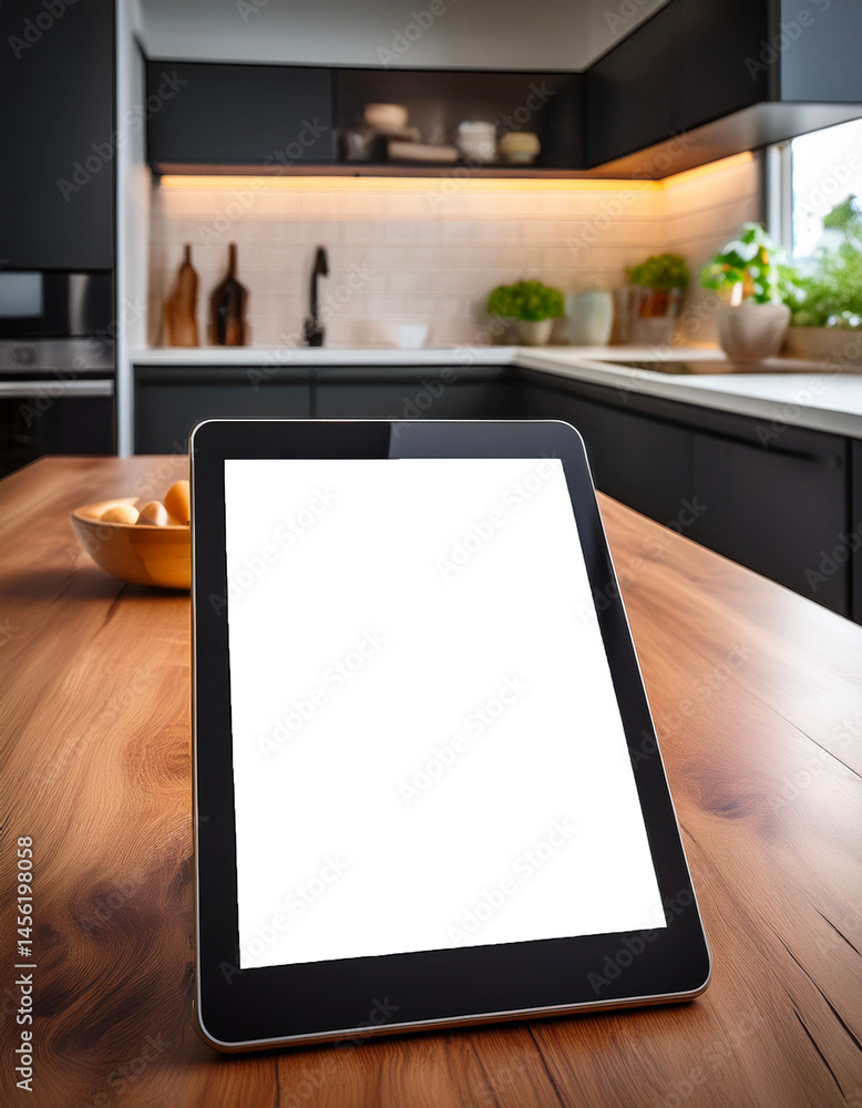 Fototapeta premium Modern digital tablet with a Transparent screen, sleek technology, kitchen in background.