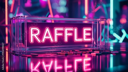 Glowing raffle sign illuminates vibrant atmosphere in creative space during a lively event
