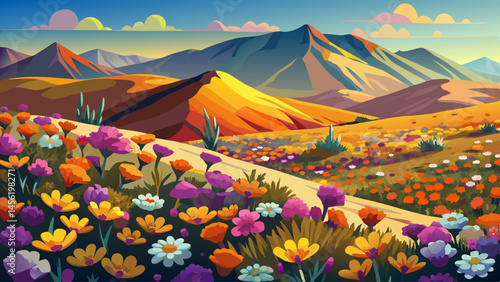 A beautiful landscape with mountains in the background and a field of flowers. The flowers are in various colors and are scattered throughout the field