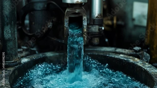 Hydrometallurgical reactor outflow with vibrant teal solution, illustrating the process of dissolving LFP black mass in battery recycling—showcasing clean-tech chemistry in motion.