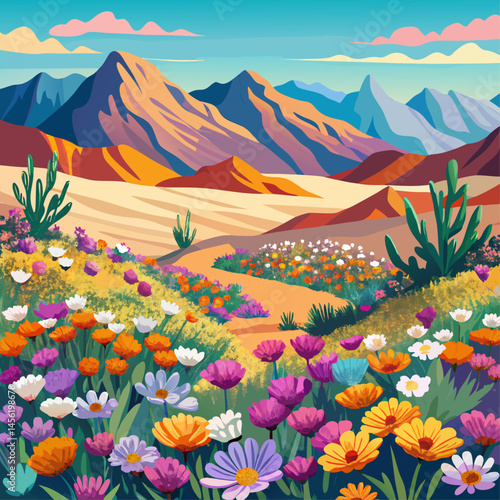 A beautiful landscape with mountains in the background and a field of flowers. The flowers are in various colors and are scattered throughout the field
