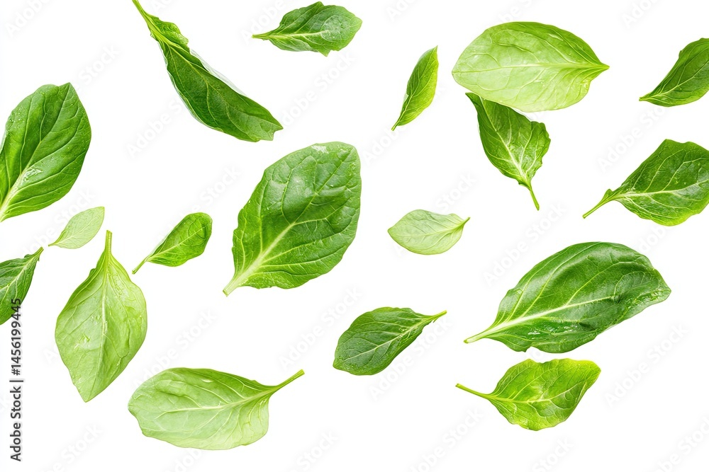 Fresh basil leaves scattered on white background. Many vibrant green leaves in various sizes,?appear to be floating or falling,?isolated against a clean white backdrop Fresh basil leaves scattered on white background. Many vibrant green leaves in various sizes,?appear to be floating or falling,?isolated against a clean white backdrop