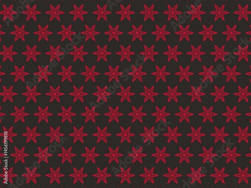 A repeating geometric pattern.  Small, detailed red stars are arranged on a dark background creating a seamless texture.