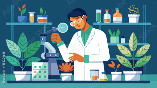 A man in a lab coat is working on a plant. The lab is filled with various scientific equipment and plants. Scene is serious and focused, as the man is likely conducting an experiment or research
