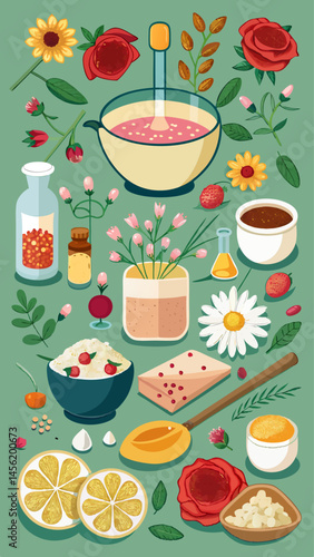 A drawing of various food items and drinks, including a bowl of soup, a cup of tea, and a bottle of oil. Concept of health and wellness, with the focus on natural ingredients